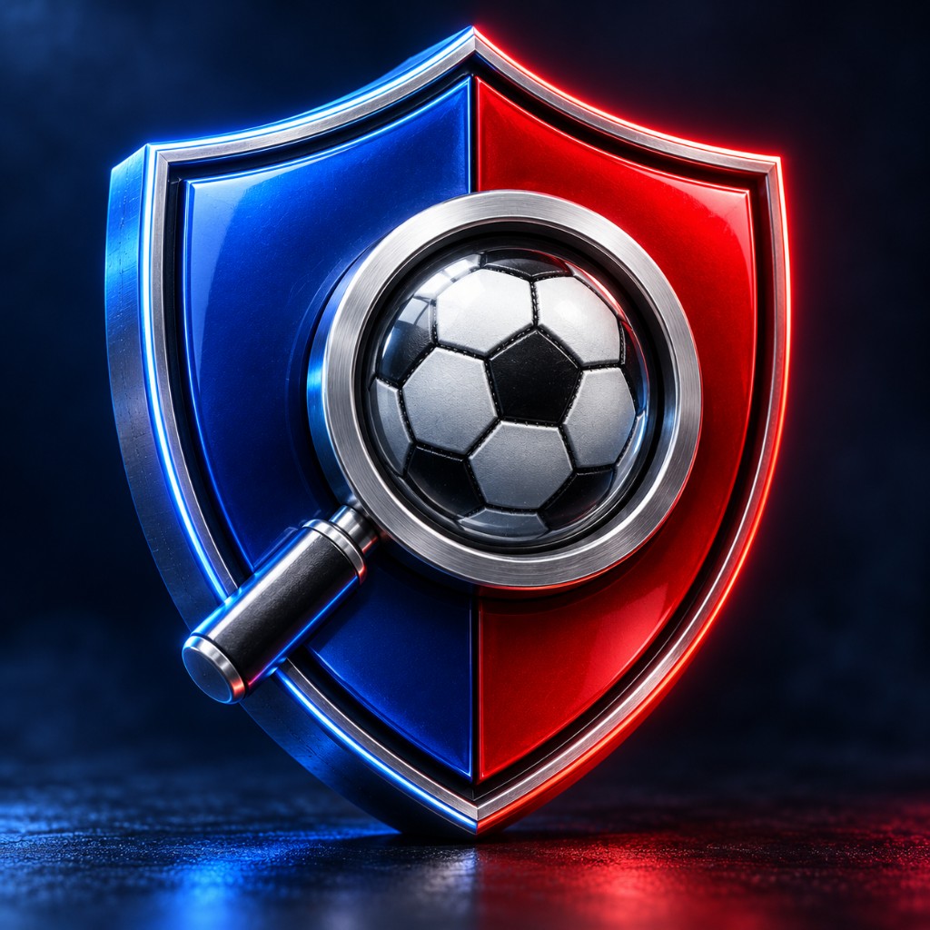 Shield with a football and a magnifying glass