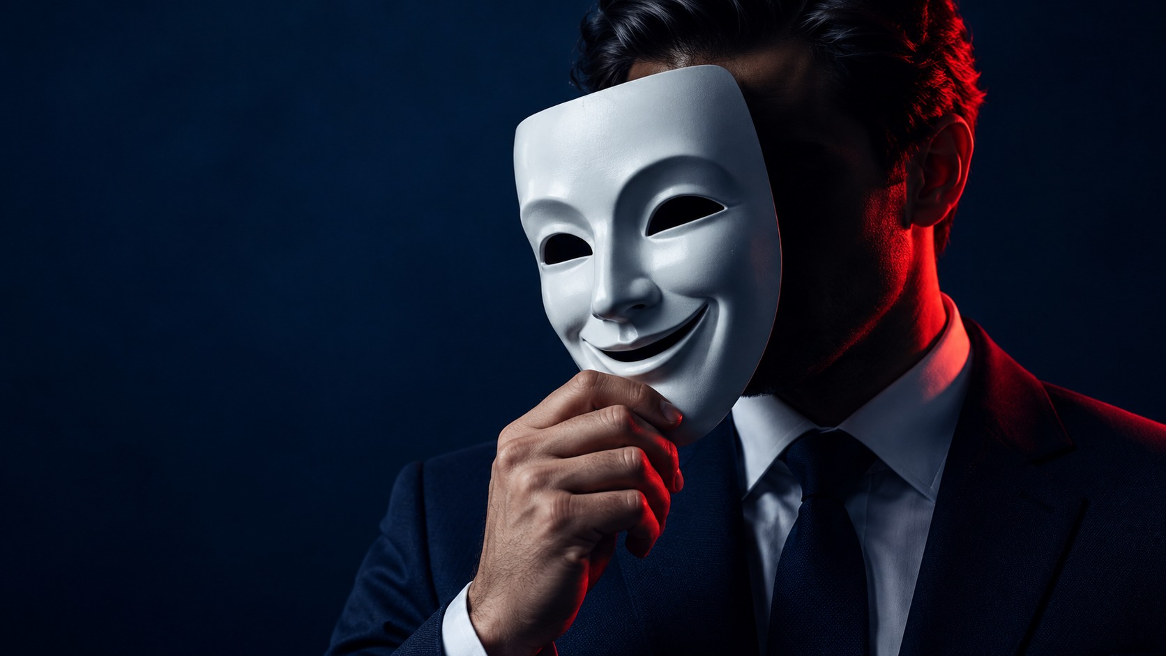 A person holding a white mask against a dark background.