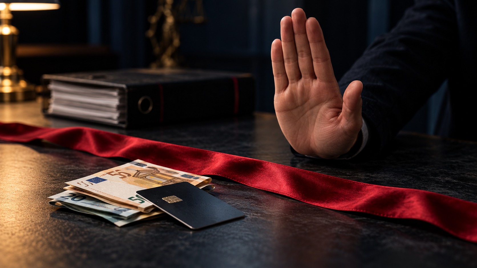 A hand refusing a payment beside a bank card and euro notes.