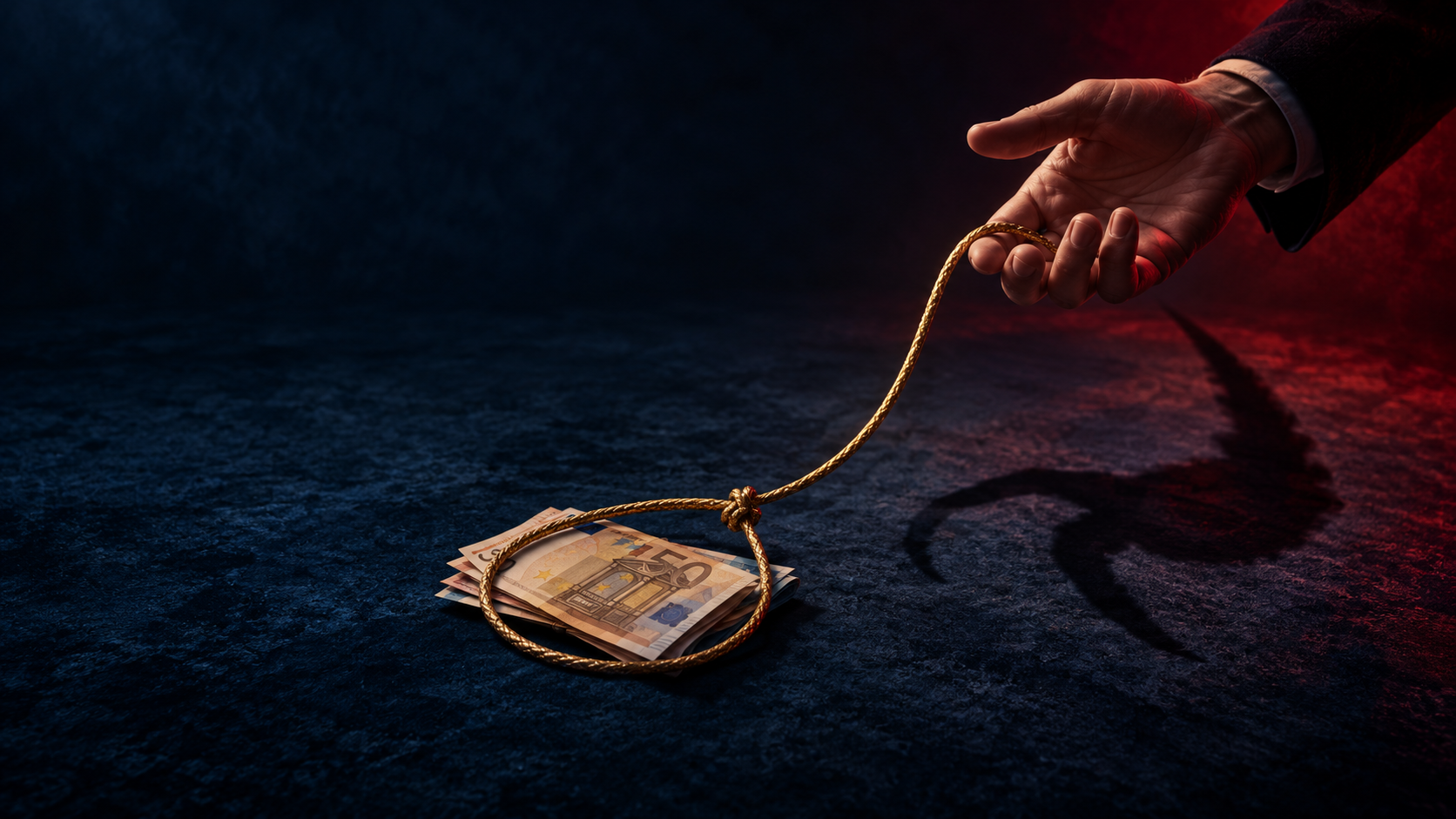 Illustration of a hand reaching toward euro notes caught in a loop of rope.