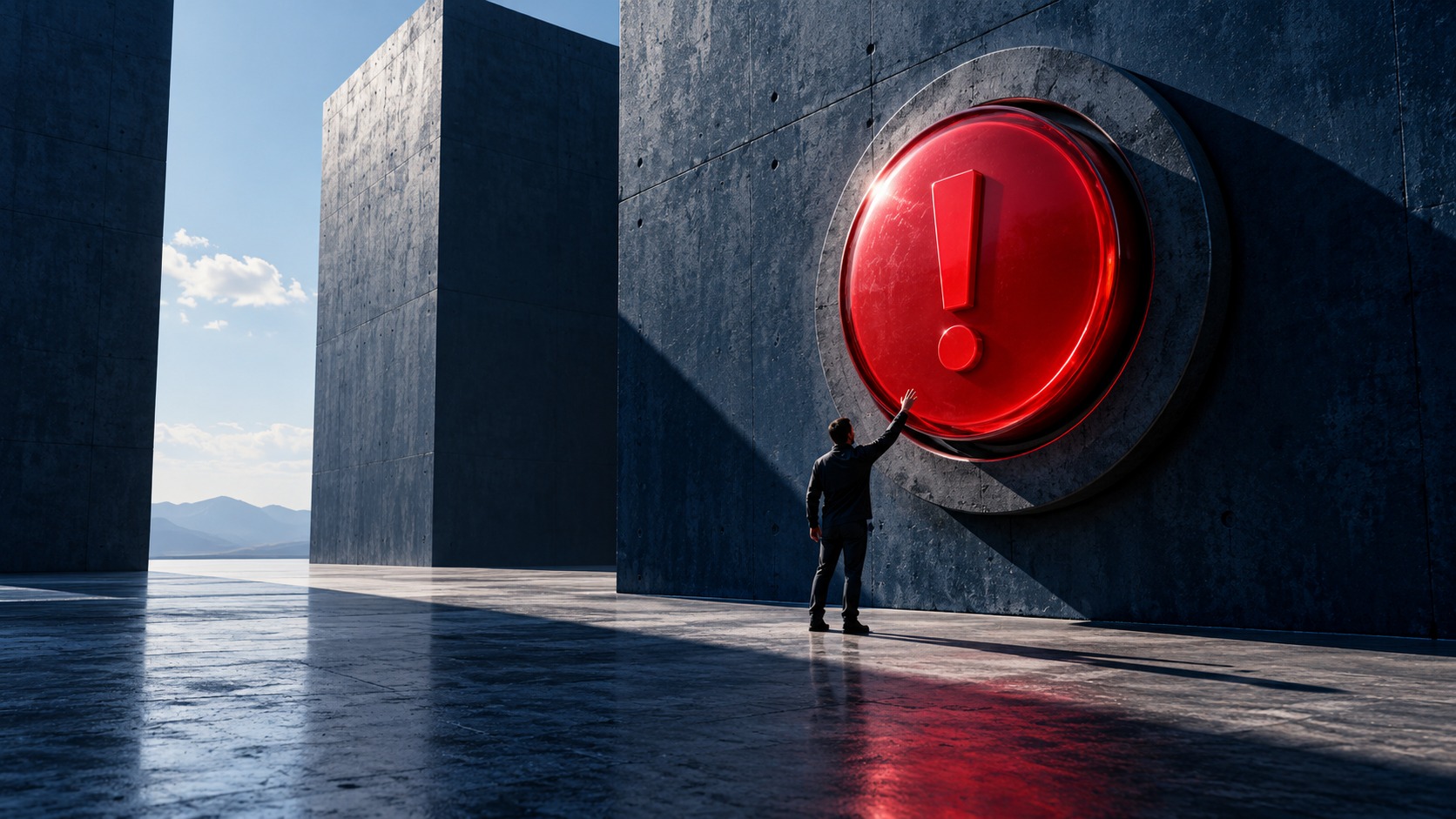 A person facing a large red warning symbol.