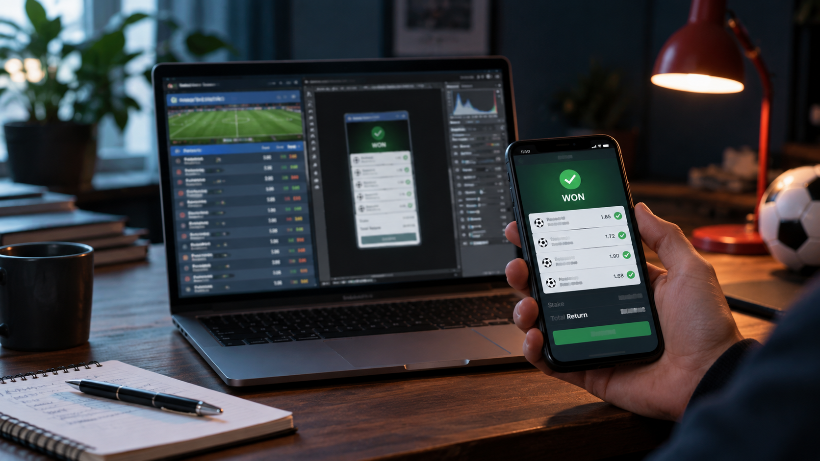 A person examines a betting slip on a smartphone beside a laptop showing football fixtures.