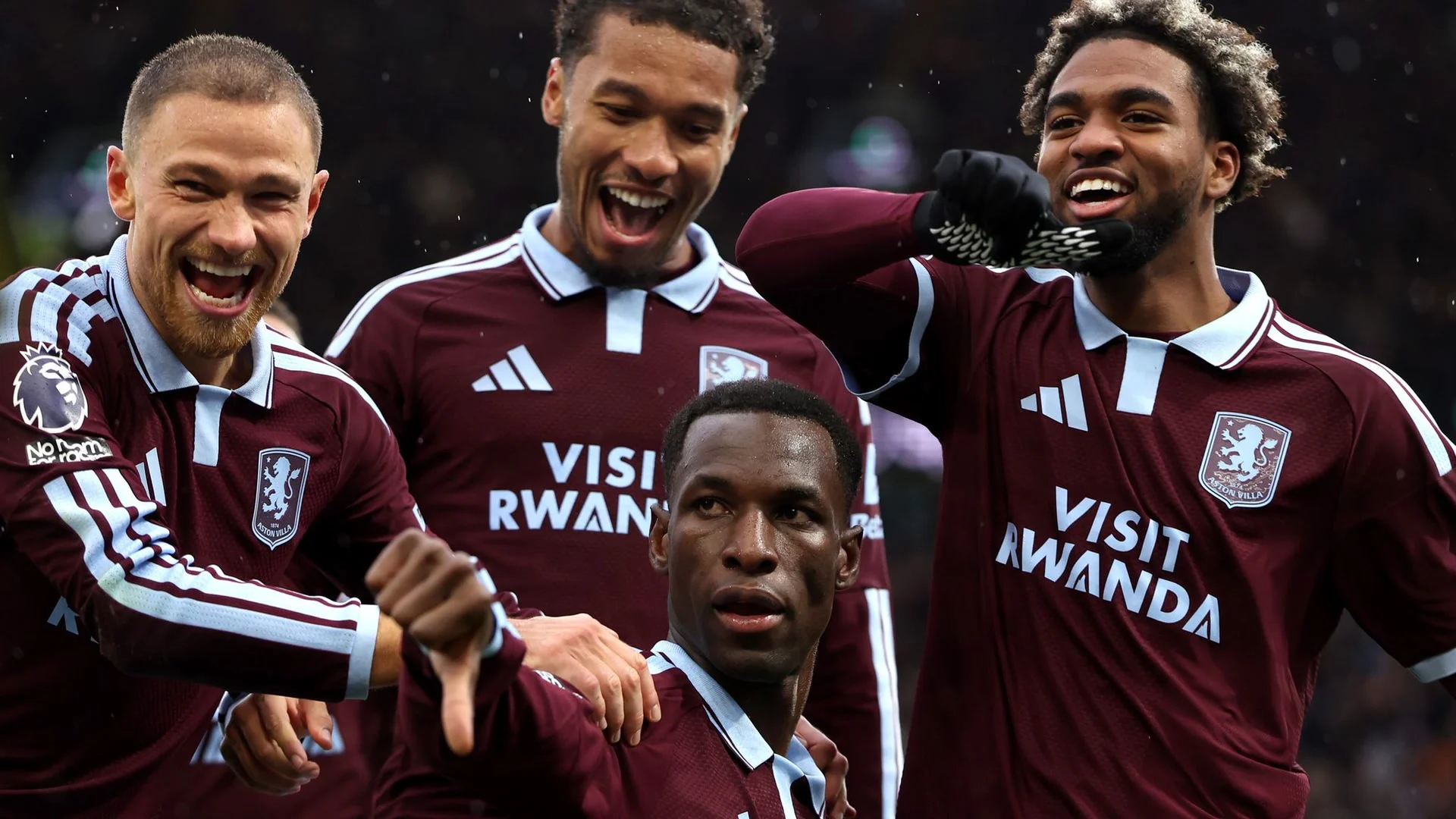 Aston Villa striker Nicolas Jackson, in the club's claret home shirt, celebrates with team-mates after scoring his second goal against Manchester City at Villa Park on 24 October 2026. Photo: Sky Sports