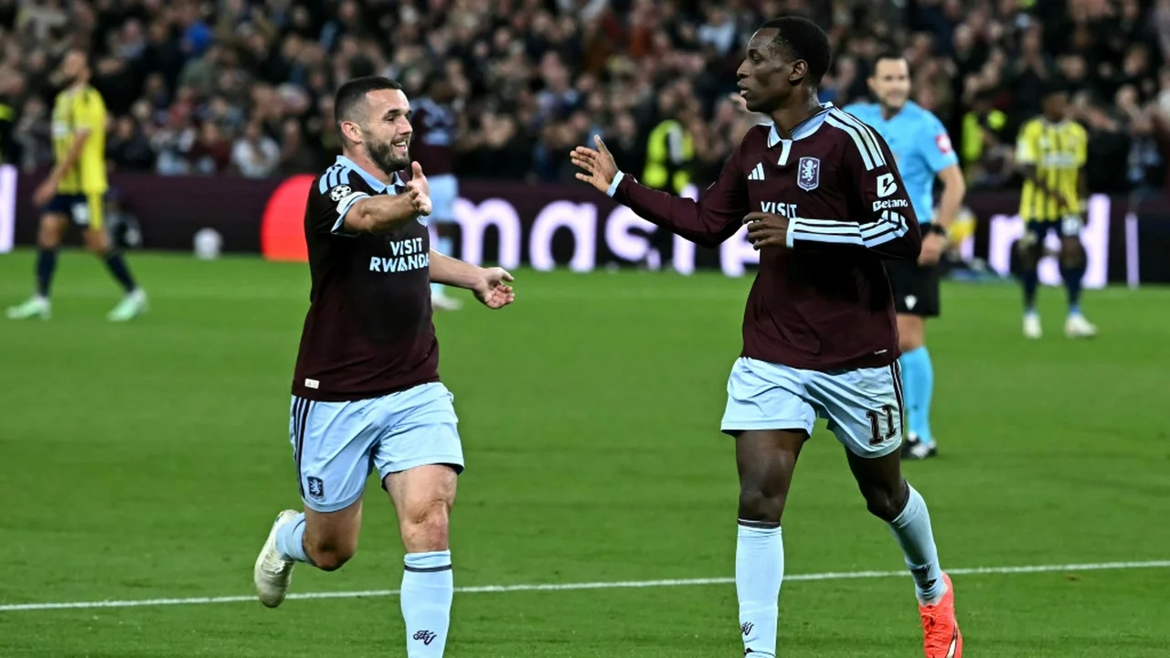 Aston Villa striker Nicolas Jackson celebrates with a team-mate after scoring against Fenerbahçe in the Champions League at Villa Park. Photo: Paul Ellis / AFP