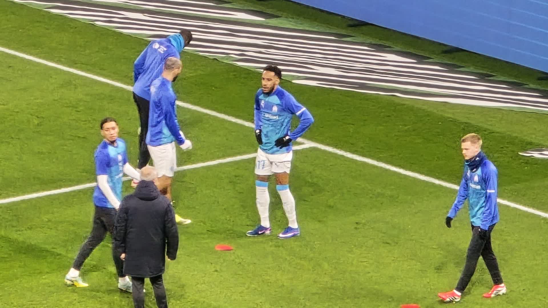 Pierre-Emerick Aubameyang in an Olympique de Marseille training kit on the pitch during a February 2026 match-night session