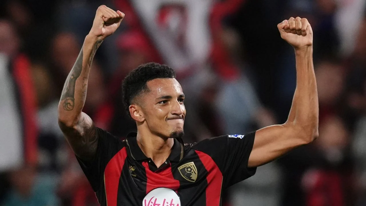 Álvaro Rodríguez of Bournemouth celebrates with both arms raised after scoring against Sturm Graz in the Europa League at the Vitality Stadium. Photo: Sky Sports