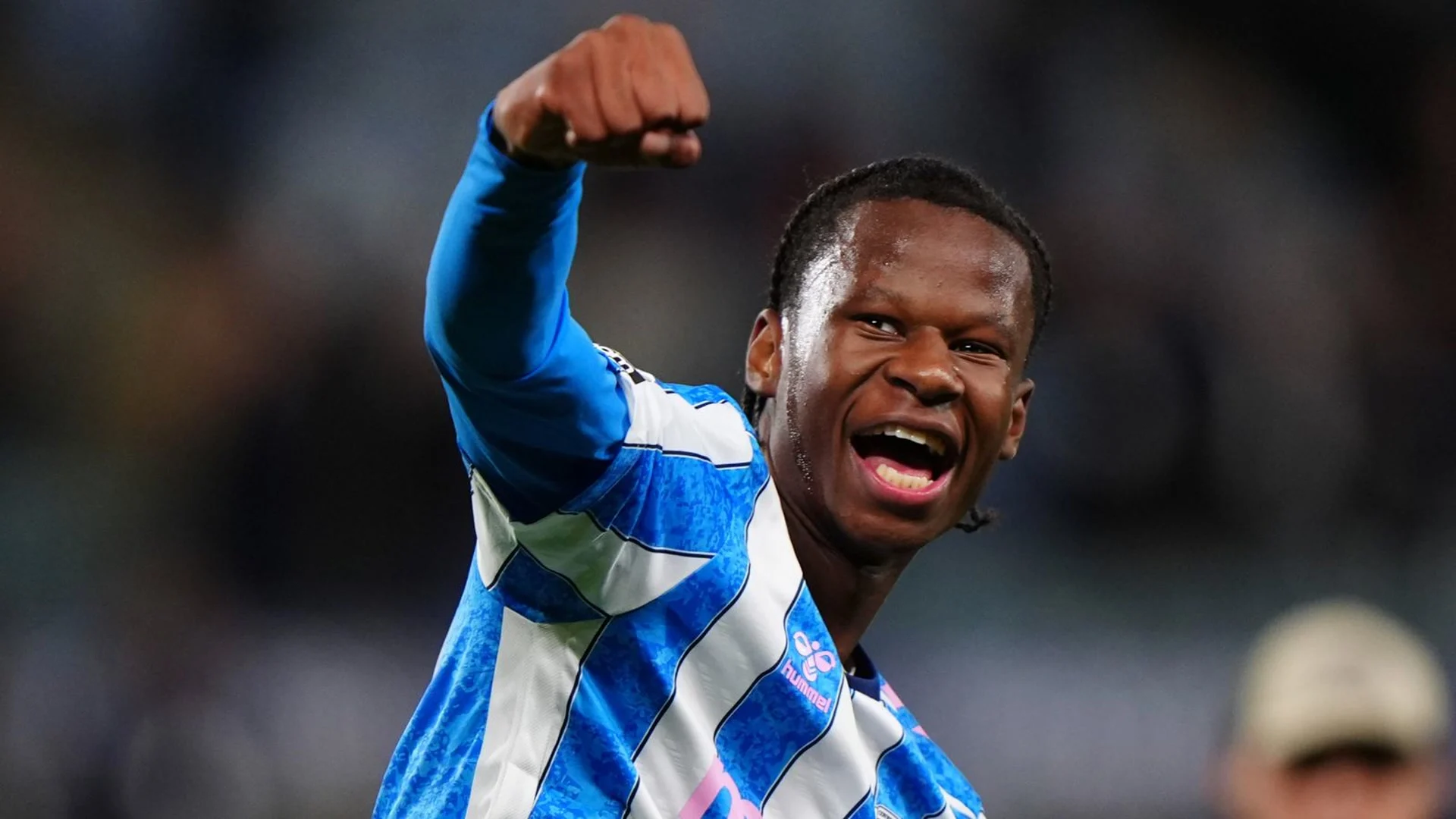 Coventry City player celebrates after scoring against Newcastle United at the CBS Arena, wearing the sky-blue home kit. Photo: Sky Sports