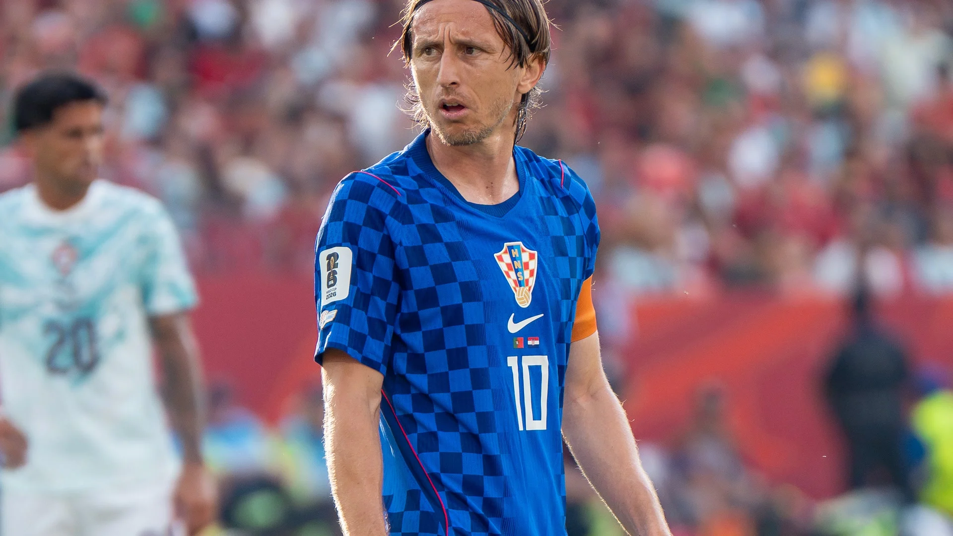 Luka Modrić in a blue Croatia number 10 kit with captain's armband during Croatia v Portugal at the 2026 FIFA World Cup