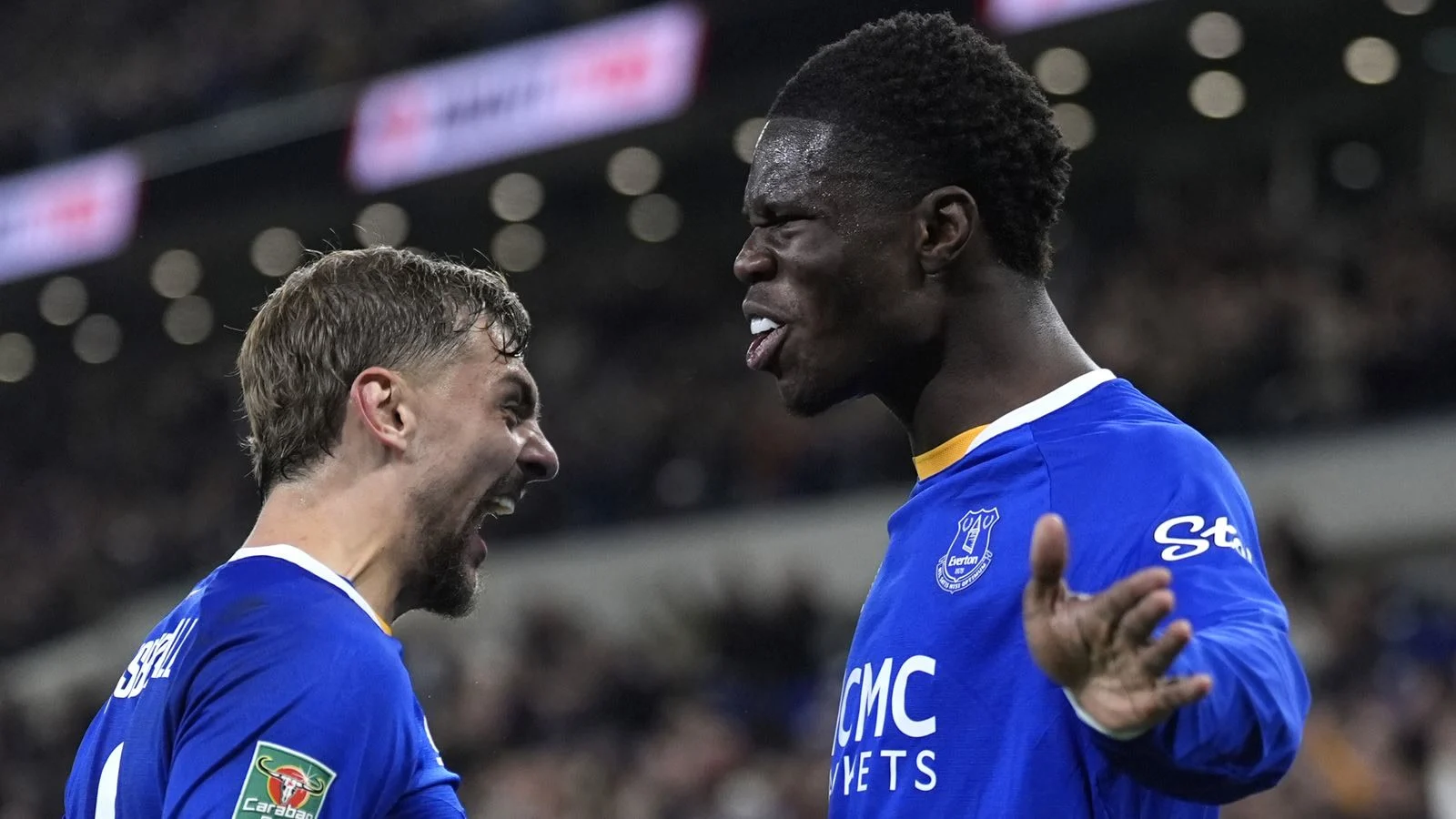 Thierno Barry celebrates with an Everton team-mate during the Carabao Cup win over Newcastle United at Hill Dickinson Stadium