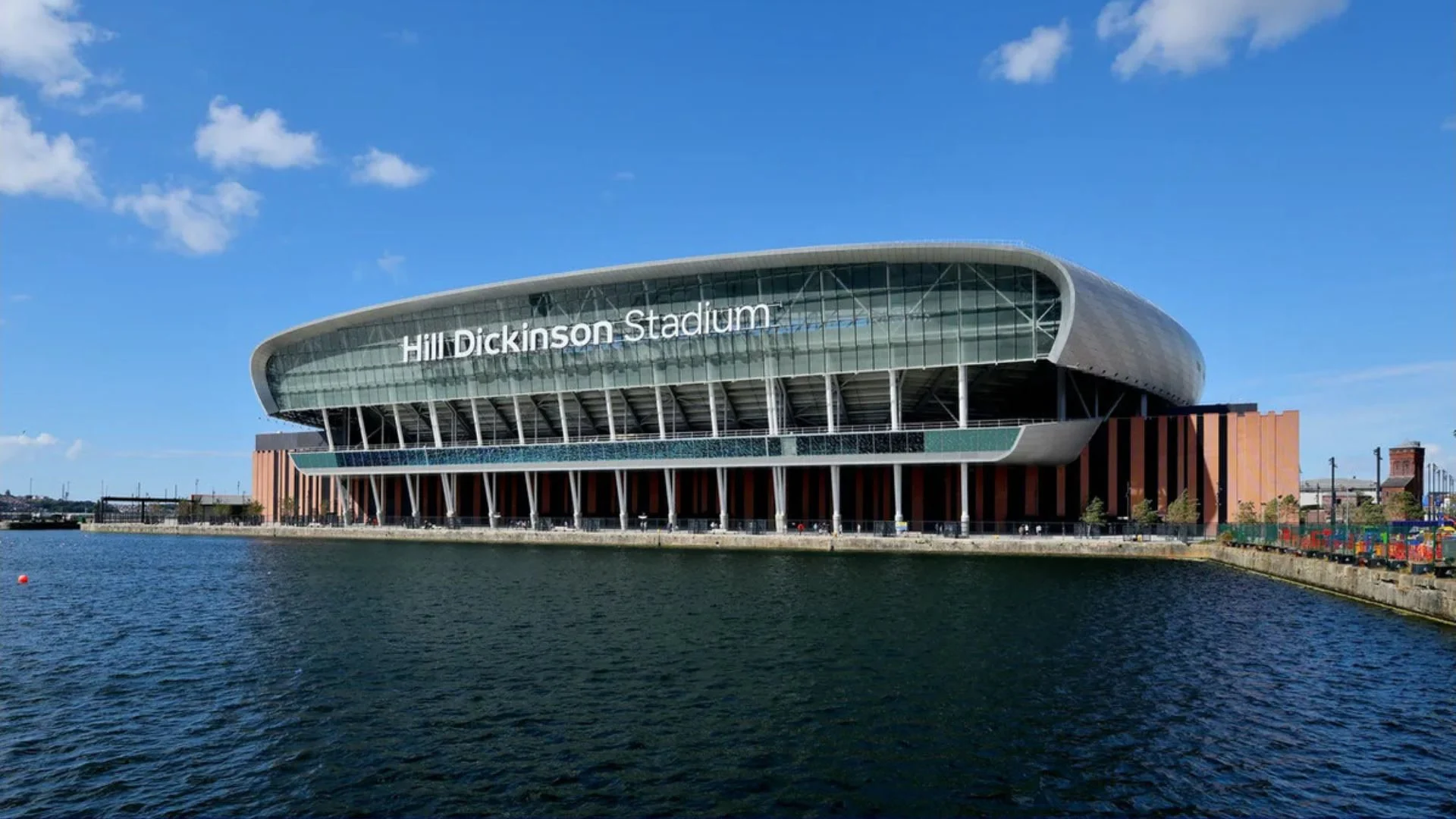 Exterior view of Everton's Hill Dickinson Stadium across the dock waterfront in Liverpool