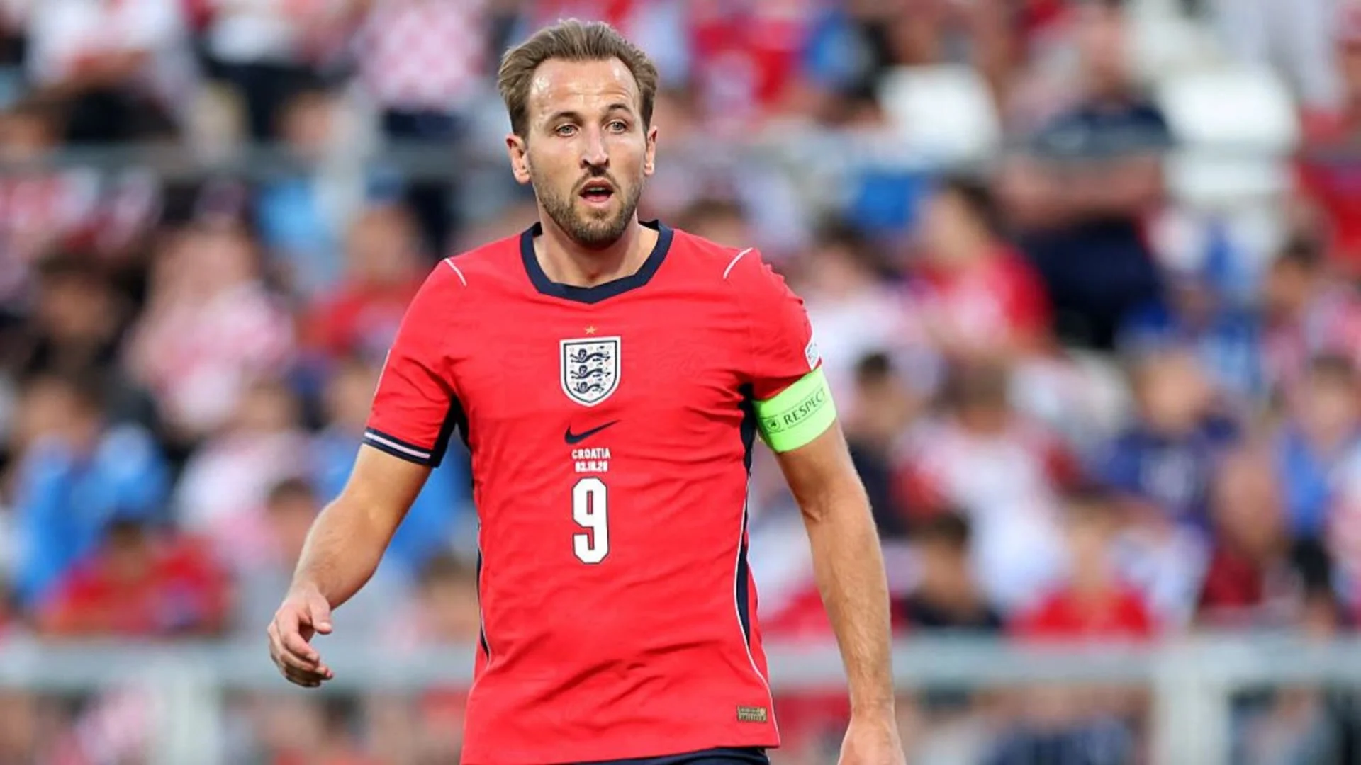 Harry Kane wearing the captain's armband in England's red shirt during the Nations League win over Croatia in Rijeka