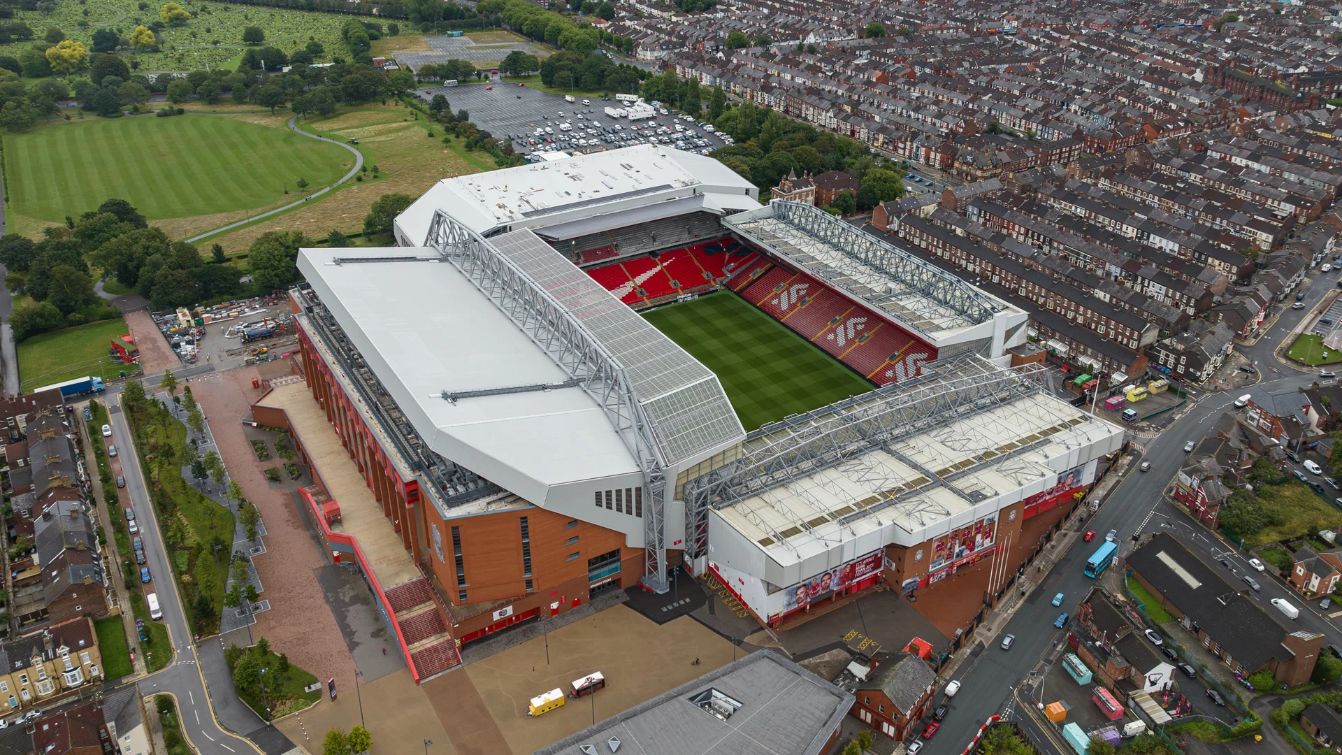 Aerial view of Anfield stadium, home of Liverpool FC, showing the completed Main Stand and pitch