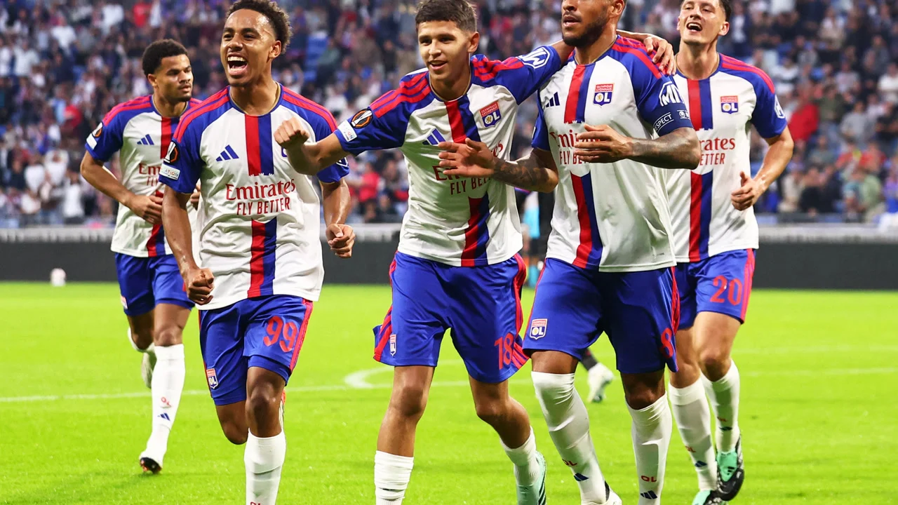 Corentin Tolisso and Ernest Nuamah of Olympique Lyonnais celebrate a goal against Crystal Palace in the Europa League at Groupama Stadium. Photo: Manon Cruz / Reuters