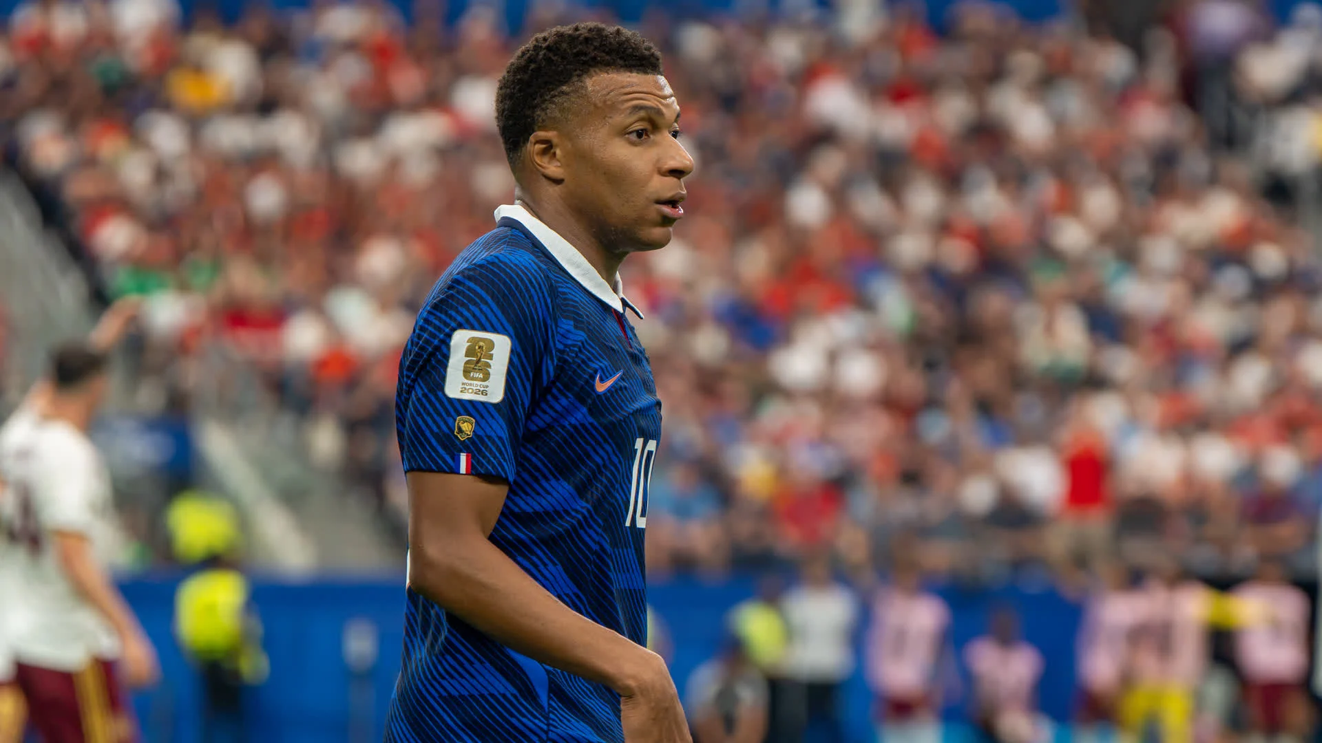 Kylian Mbappé in a blue France number 10 jersey during France v Spain at the 2026 FIFA World Cup