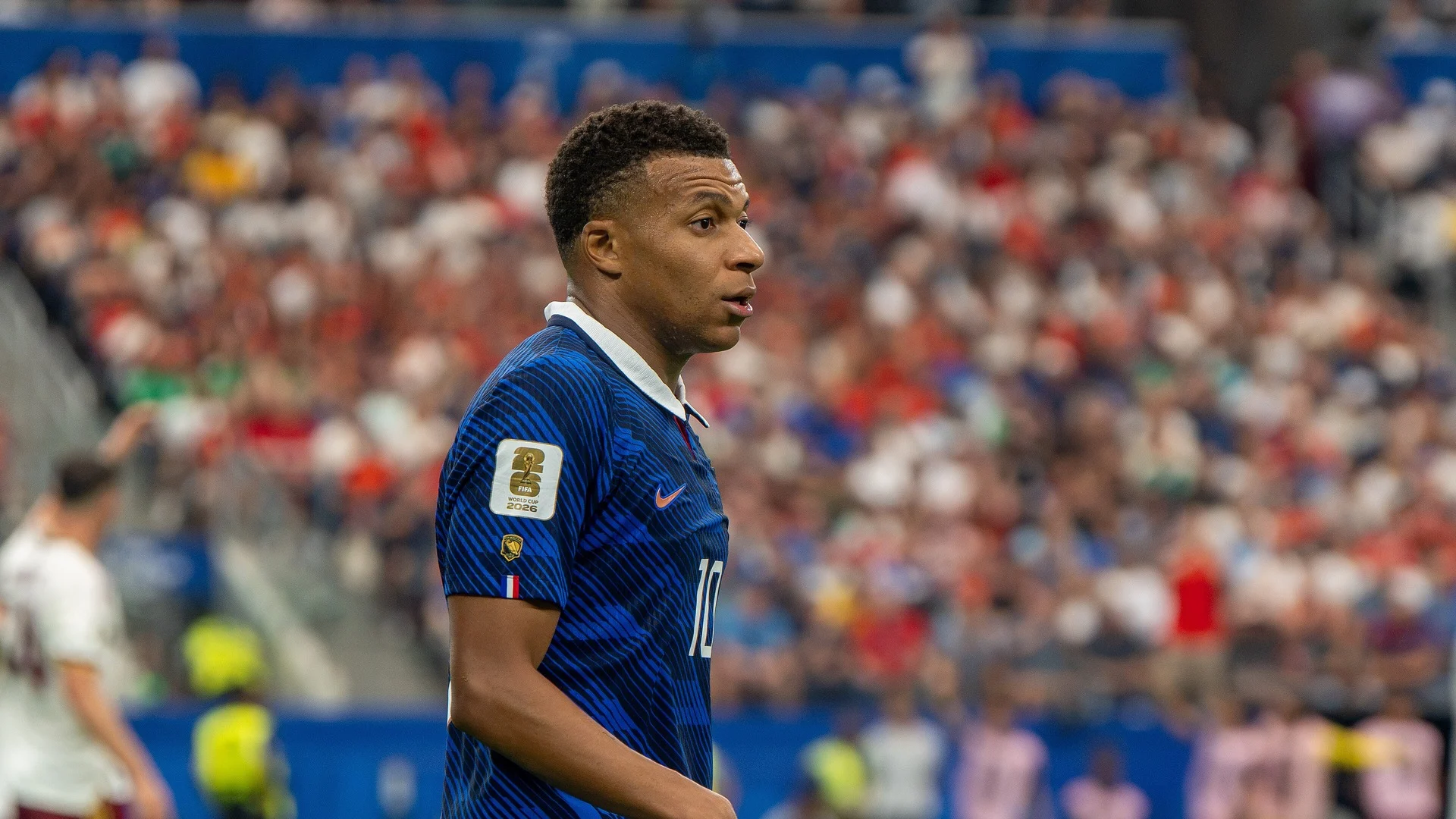 Kylian Mbappé in France kit during France vs Spain at the 2026 FIFA World Cup