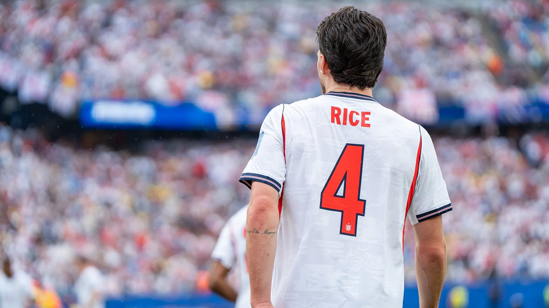 Declan Rice in an England shirt during England’s FIFA World Cup match against Ghana in June 2026
