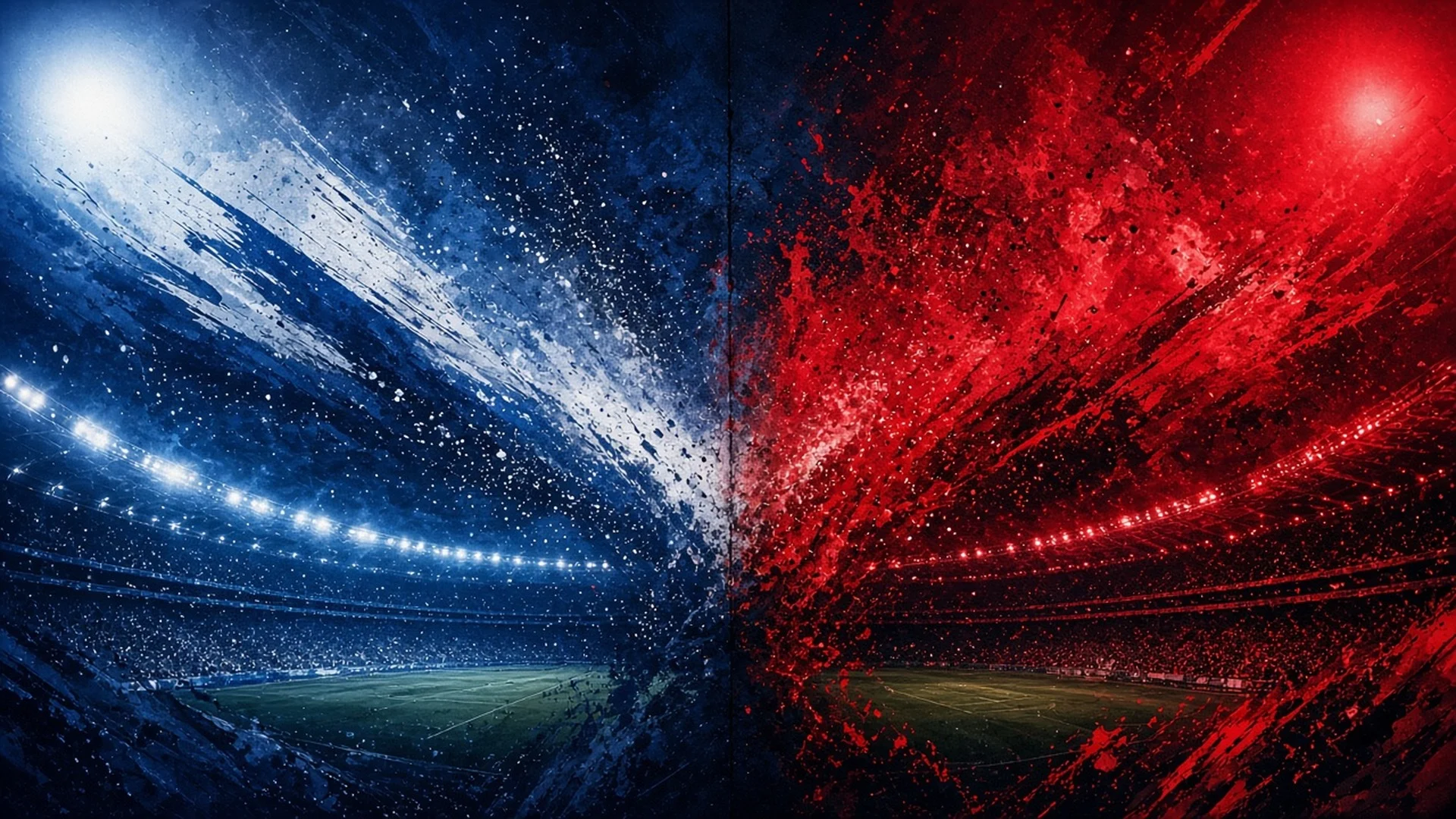 Editorial sports illustration of an O Clássico atmosphere with Porto blue and Benfica red rivalry colours