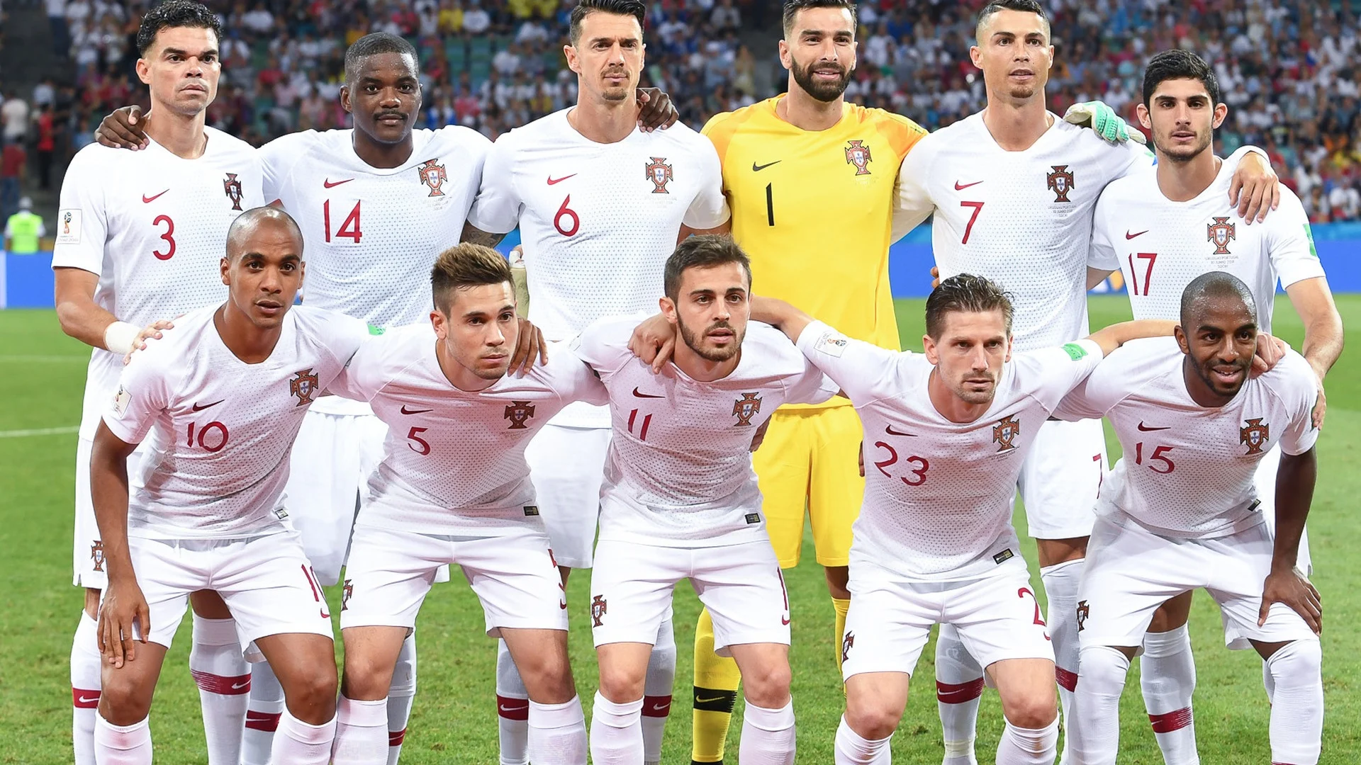 Portugal national football team starting XI posing for a pre-match photo at the 2018 FIFA World Cup, including Cristiano Ronaldo