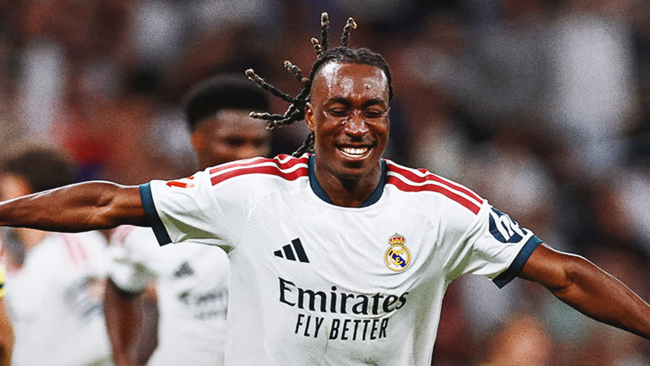 Yan Diomande celebrates in Real Madrid's white home kit after scoring against Villarreal at the Santiago Bernabéu. Photo: Real Madrid C.F. / via X @realmadrid